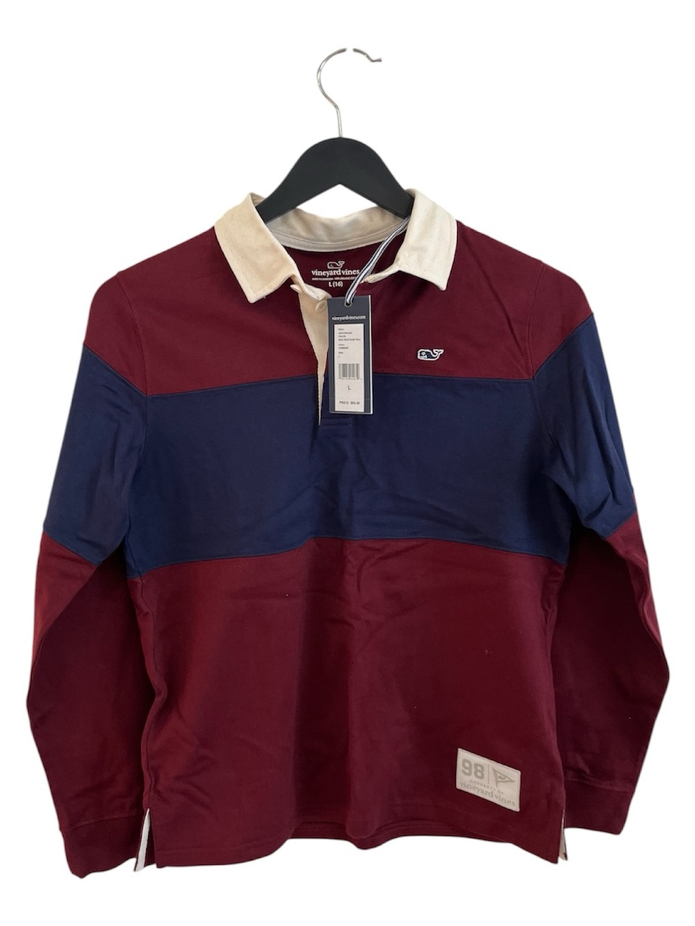 Vineyard Vines boys red & Navy Colorblock Rugby with Cream Collar